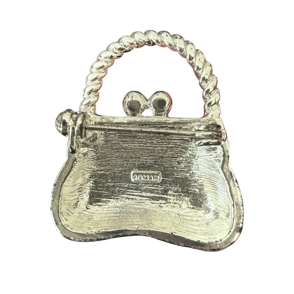 Vtg Roman Handbag Brooch Pin Silver Tone Rhinestone Jeweled Pink Flowers